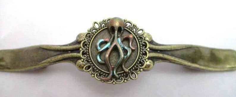 Set of 2 Vintage Bronze blue Patina Copper Nautical Steampunk Octopus Cabinet Drawer Handles Pulls Kraken Maritime Boating Squid Diving