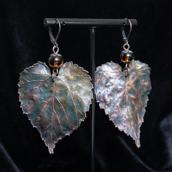 Real beer hop leaf earrings Large leightweight earrings Copper verdigris jewelry Electroformed leaf