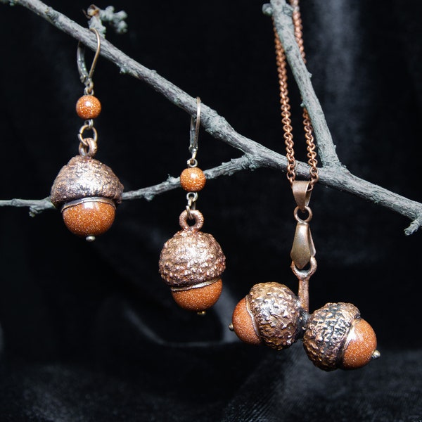 Set of real acorn copper necklace & earrings Autumn faerie jewelry Gift to mori girl Copper electroformed pendant