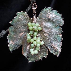 Real grapevine leaf necklace with green jade Cottagecore jewelry Copper electroformed leaf Statement metal leaf pendant