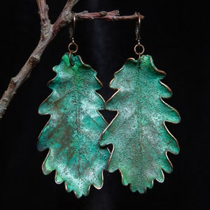 Real oak leaves earrings Long green earrings Fairycore jewelry Copper electroformed leaf Large woodland earrings