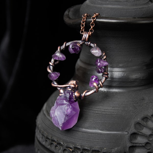 Raw amethyst pendant Crystal witchcraft amulet Gift to crystal lover Statement crystal jewelry February birthstone Dark fae cosplay