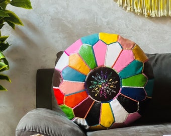 Moroccan POUF **70% OFF** with Colorful Stitching Leather Pouf Ottoman Pouf Morrocan Leather Pouf Moroccan Pouffe