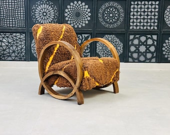 Moroccan Rug Armchair, Handcrafted Mid Century Walnut Wood Armchair, Modern Relax Vintage Style, Moroccan Artisanal Furniture