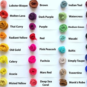 May include: A chart of 36 different colored yarn skeins, each labeled with a unique name. The colors range from bright yellow to deep blue.