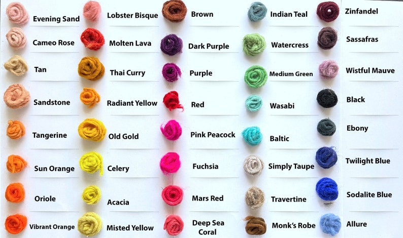 May include: A chart of 36 different colored yarn skeins, each labeled with a unique name. The colors range from bright yellow to deep blue.