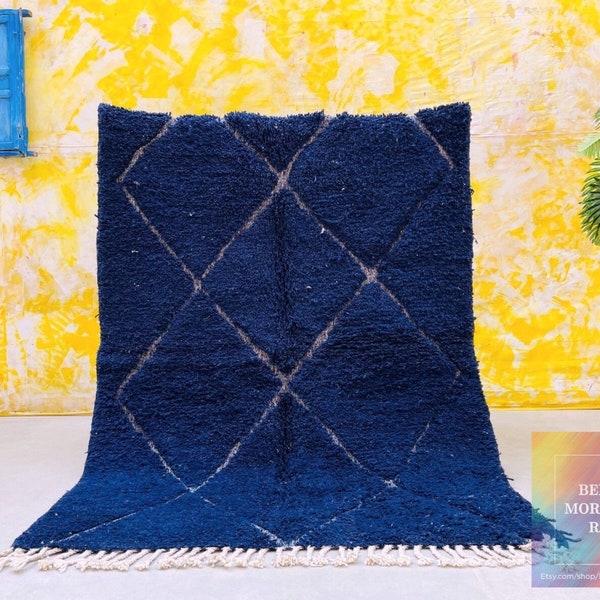 Beni ourain rug 4.8 ft x 6.2 ft, Beni Ourain Moroccan rug, Authentic beni ourain rug, Blue Morrocan rug, Wool Berber Handmade rug 5x6