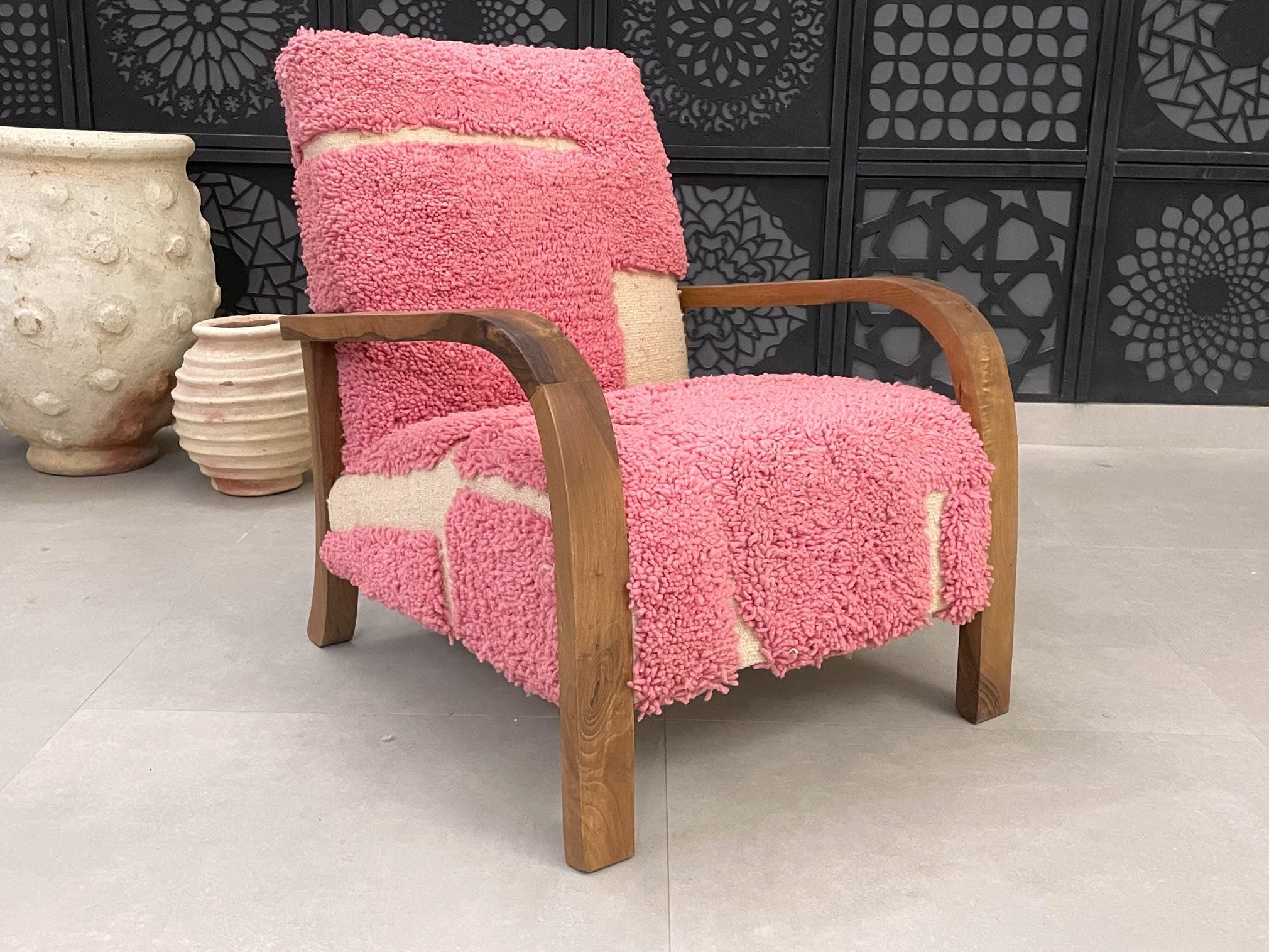 Handmade Moroccan Armchair Vintage Inspired Pink Wool Accent