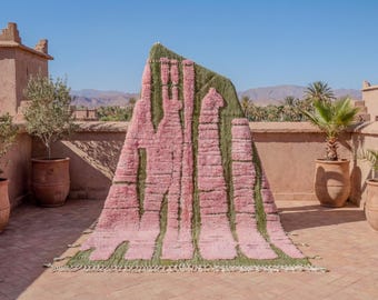 Pink and Green Bohemian Rug – Handmade Custom Moroccan Wool Area