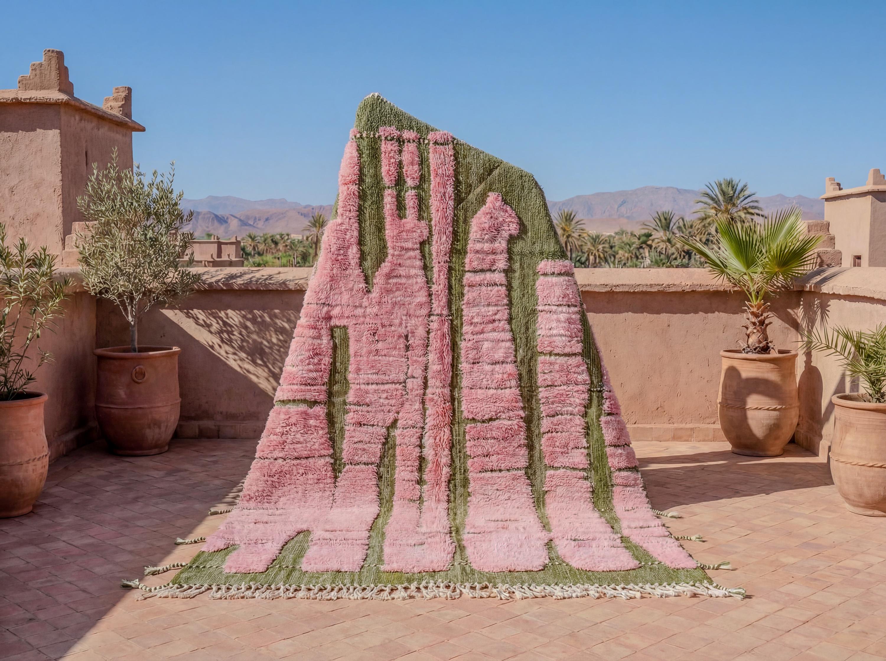 Green & Pink Bohemian Rug – Handmade Moroccan Wool Area Rug, Modern ...