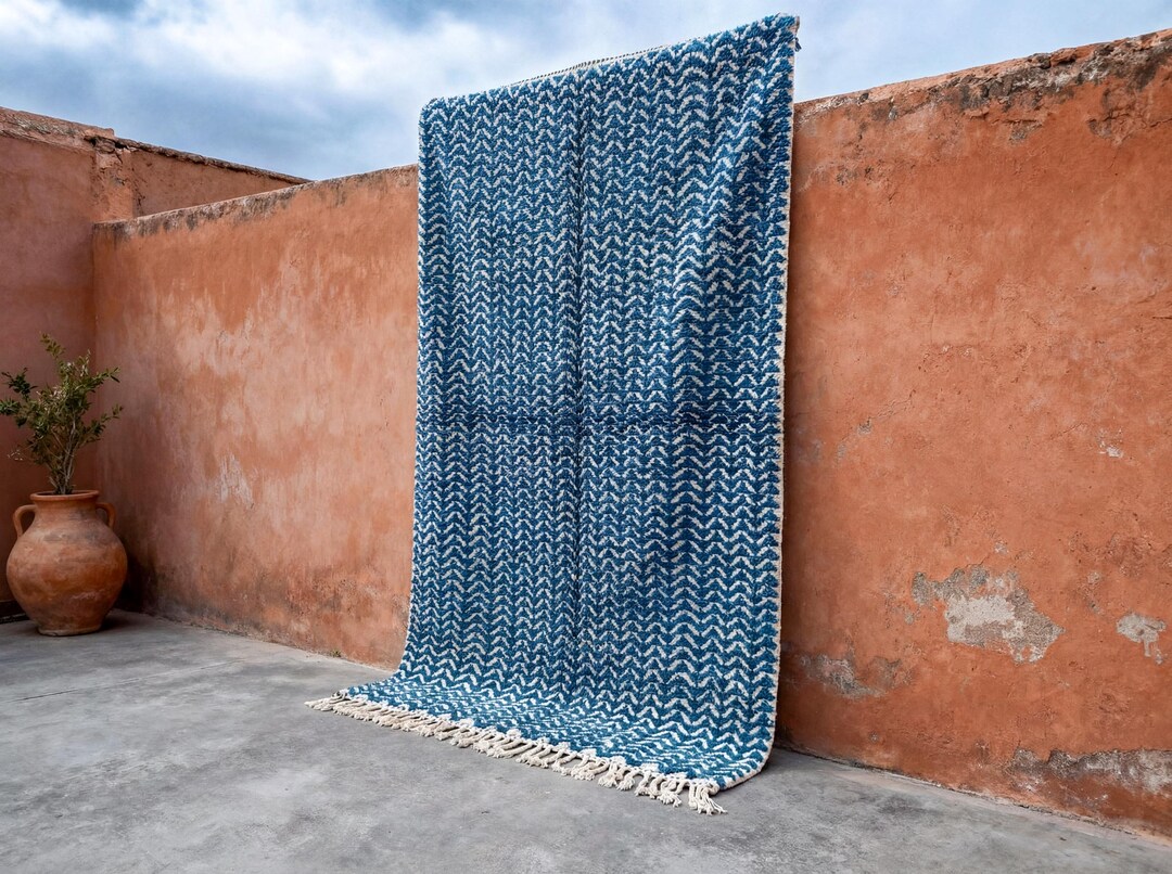 Custom Color Moroccan Rug – Handmade Beni Ourain Wool Blue Area Rug ...