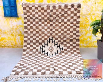 Brown rug, Moroccan checkered rug, wool checkerboard rugs, Morrocan Berber Home decor