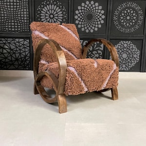 Moroccan Wool Armchair - Handmade Wooden Lounge Chair with Brown Berber Upholstery - Cozy Mid-Century Modern Accent Seat
