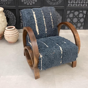 Mid century wooden Armchair , Moroccan Kilim Rug Sessel, Retro lounge chair, vintage modern chair, walnut wood and wool rug Art deco chair