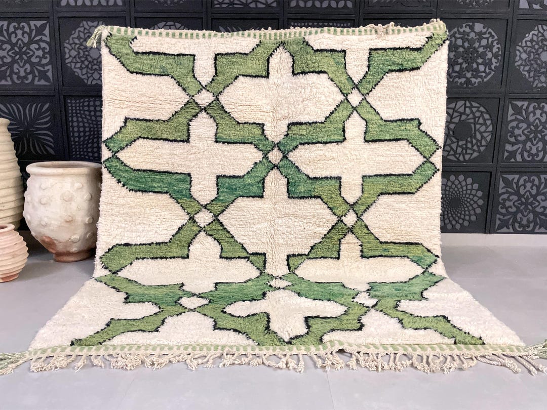Greenarbic Rug Patterns Handmade Moroccan Wool Rug - Green Geometric Beni Ourain Carpet - All ...