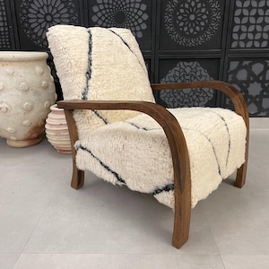 Handmade Moroccan Cream Wool Chair - Minimalist Accent Chair with Black Stripes and Natural Wood Frame - Mid century armchair, Retro chair