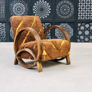 Mid century wooden Armchair , Moroccan Kilim Rug Sessel, Retro lounge chair, vintage modern chair, walnut wood and wool rug Art deco chair