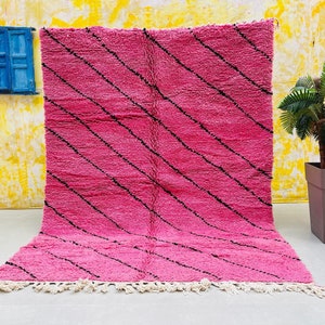 Pink Moroccan Rug - Handmade Wool Berber Carpet - Bold Diagonal Stripe Shag Rug for Boho Bedroom or Living Room Decor