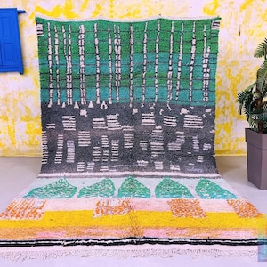 Green Azilal Rug 7.1 ft x 11.0 ft | Handmade Moroccan Wool Carpet with Geometric Art | Moroccan rug | Authentic Azilal Rug 7x11