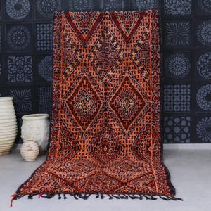 Vintage Red Moroccan Wool Rug: Handmade Boho Beni Area Rug (6.1 x 13.2 Ft)