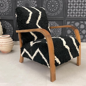 Handmade Moroccan Black and White Wool Chair - Modern Beni Ourain Accent Chair with Natural Wood Frame - Moroccan Wood Armchair Gift