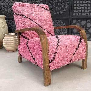 Handmade Moroccan Bouclé Armchair - Blush Pink Wool & Solid Wood Frame