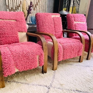 Set of 3 Mid century armchair - Retro lounge chair - modern chair - relax vintage style chair - Handmade walnut wood and vintage kilim chair