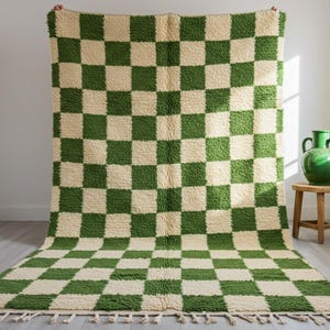 Green checkered rug handmade Moroccan shag rug