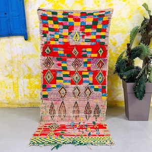 Moroccan Boucherouite rug 3.3 Ft x 7.9 Ft, moroccan rug, Colorful vintage boucherouite Rug, Berber rug, handmade rug, boho rug 3x8