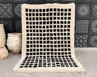 Handmade Moroccan Wool Rug - Black & White Grid Beni Ourain Carpet - all wool berber rug - Custom rug - handmade rug - Genuine lamb wool