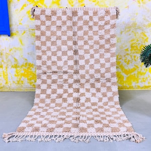 Beige checkered rug handmade Moroccan shag rug