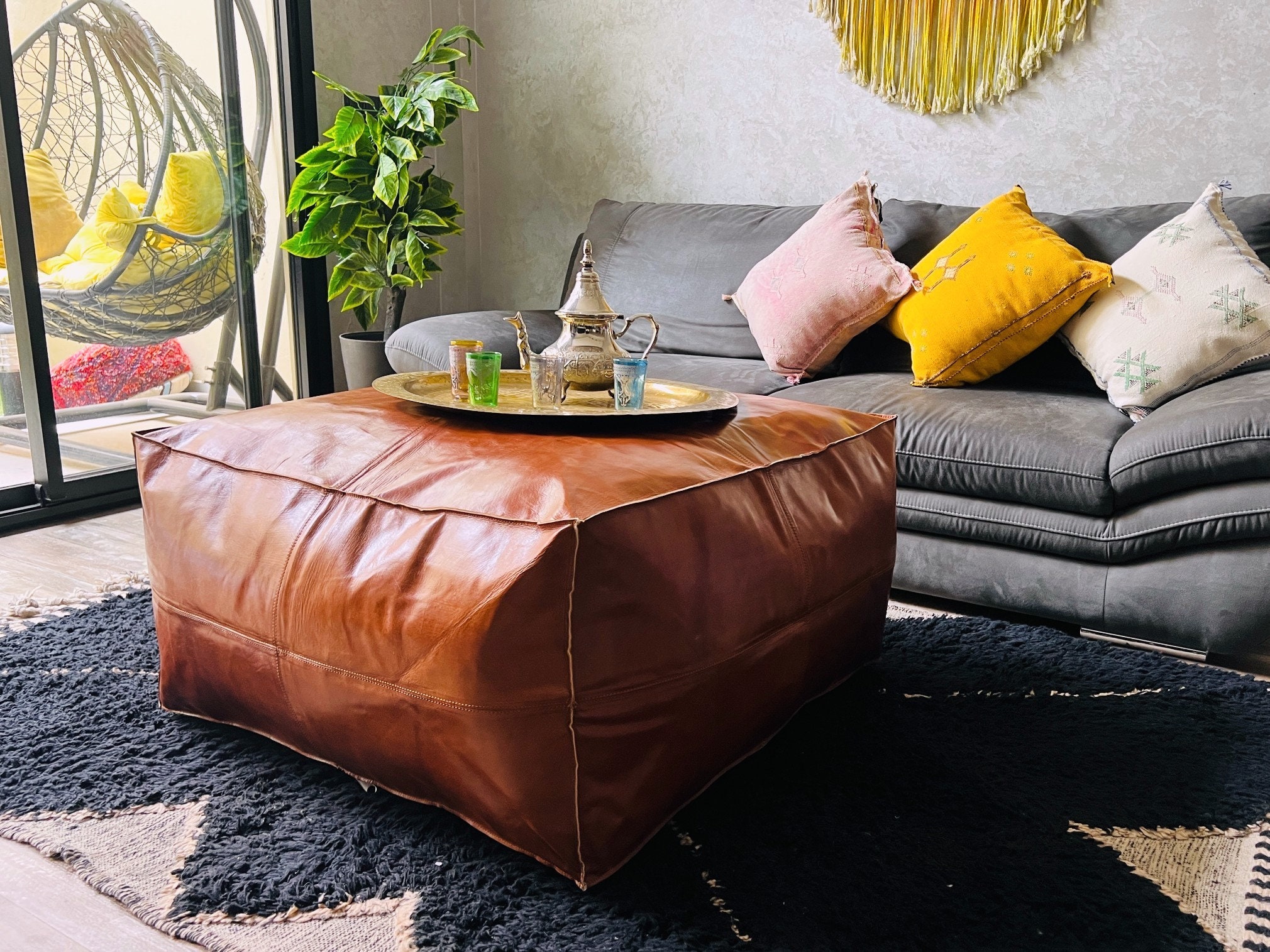 Beautiful Square Moroccan Leather Pouf, Brown