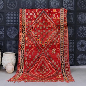 Vintage Moroccan Wool Rug 6.1 Ft x 11.1 Ft - Red Handmade Boho Area Rug -Moroccan Beni Rug, Beni Rug, Morocco Rug, Vintage Moroccan Rug 6x11