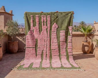 Pink and Green Bohemian Rug – Handmade Custom Moroccan Wool Area Rug, Olive green Flatweave with Pink High Pile