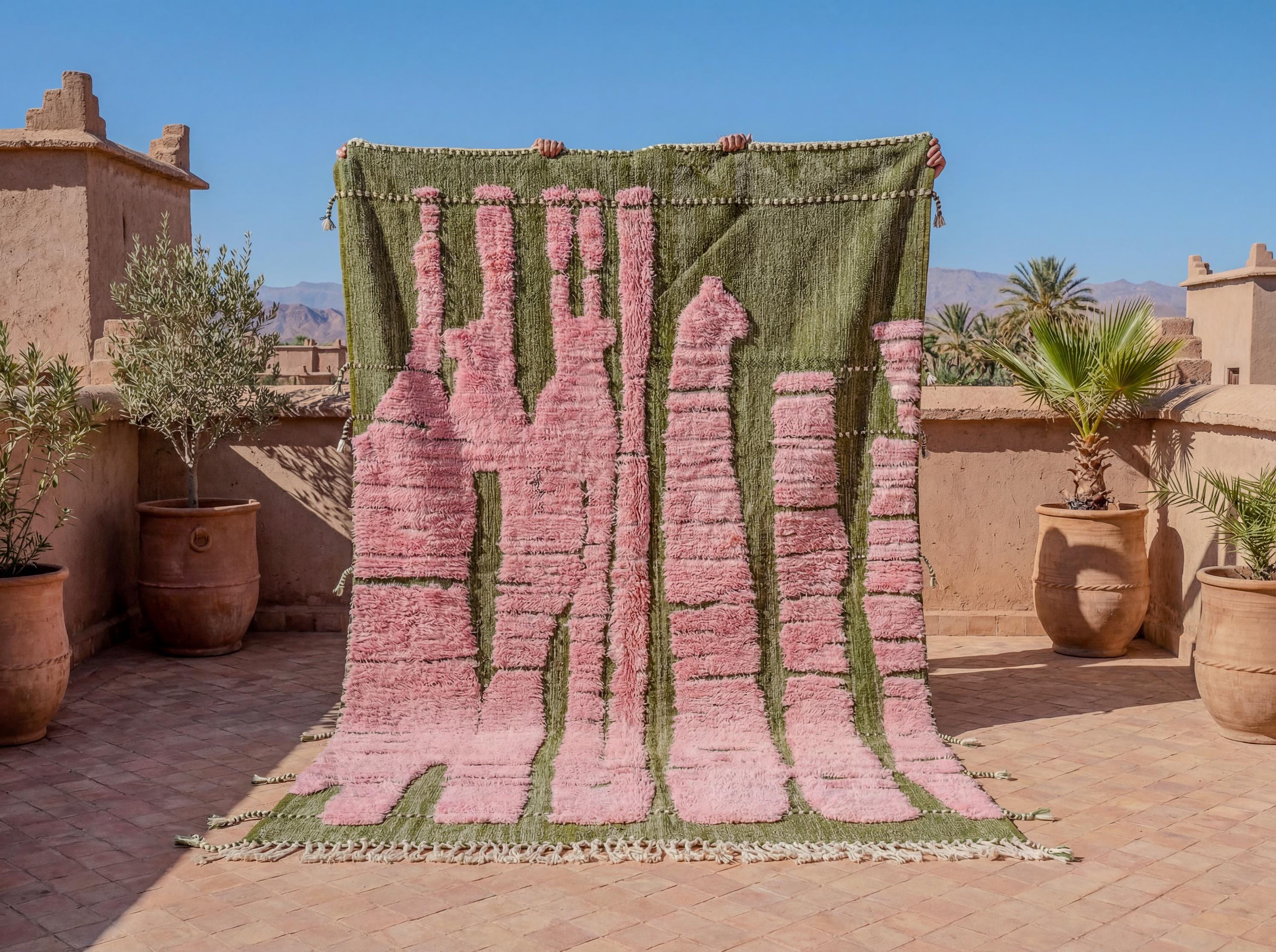 Pink and Green Bohemian Rug – Handmade Custom Moroccan Wool Area