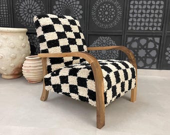 Handmade Moroccan Black and White Checkered Wool Chair - Modern Boho Accent Chair with Natural Wood Frame - Moroccan Wood Armchair Gift