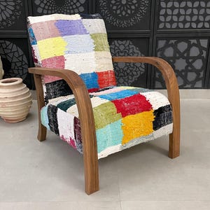 Handmade Moroccan Patchwork Chair - Vibrant Wool Accent Chair with Natural Wood Frame - comfy Wooden armchair for living room