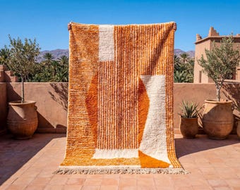 Moroccan Orange Rug | Handmade Beni Ourain Wool Area Rug | Abstract Mid Century Modern Berber Carpet