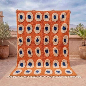 Orange and Blue Rug – Handmade Moroccan Beni Ourain Wool Rug with Abstract Pattern