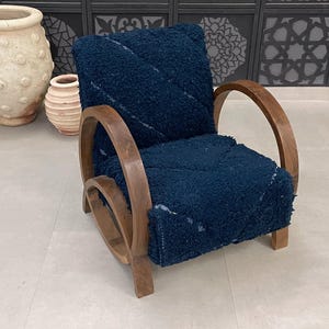 Vintage rug armchair and ottoman, Wooden armchair, Handmade chair mid century set, Comfy armchair for living room