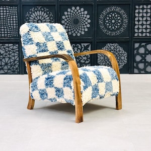 Mid century wooden Armchair , Moroccan Kilim Rug Sessel, Retro lounge chair, vintage modern chair, walnut wood and wool rug Art deco chair