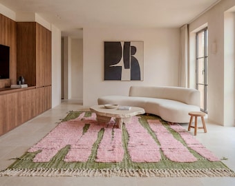 Green & Pink Bohemian Rug – Handmade Moroccan Wool Area Rug, Modern Berber Design with High Pile Texture