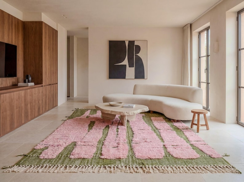 Green & Pink Bohemian Rug – Handmade Moroccan Wool Area Rug, Modern ...