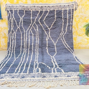 Blue Moroccan Rug - Handwoven Wool Berber Carpet - Geometric High-Pile Area Rug - Modern Boho Home Decor