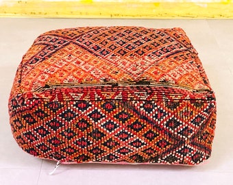 Moroccan Kilim Pouf, Vintage Moroccan Ottoman, Beni Ourain Square Pouf, Yoga Meditation Cushion, Outdoor Red Kilim Pillows