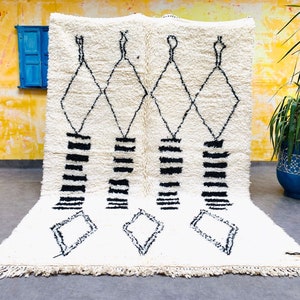 Beni Ourain Teppich | Handgefertigter Marokkanischer Wollteppich | Schwarz Weiß Geometrische Berber Teppich | Boho Wohnzimmer Dekor