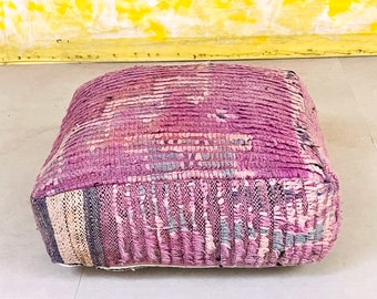 Moroccan Kilim Pouf, Vintage Moroccan Ottoman, Beni Ourain Square Pouf, Yoga Meditation Cushion, Outdoor Purple Kilim Pillows