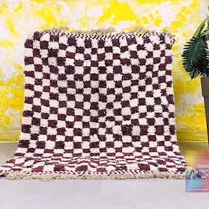Checkered Rug, Maroon Cream Beni Ourain, Handwoven Berber Wool, Living Room Decor, Moroccan Atlas Mountains