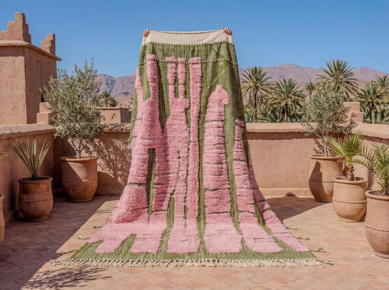 Green & Pink Bohemian Rug – Handmade Moroccan Wool Area Rug, Modern ...