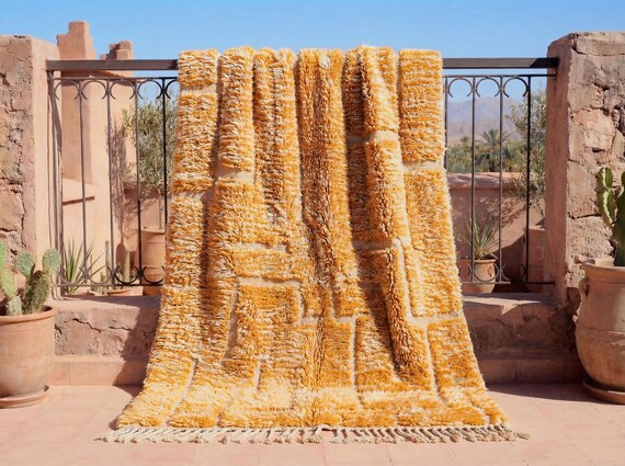 Burnt Orange Rug – Handmade Moroccan Wool High Pile Boho Area Rug, Off-White Accents